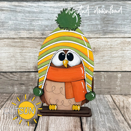 Layered Scandinavian Winter Owl Shelf Sitter SVG with beanie and scarf, Christmas laser cut file