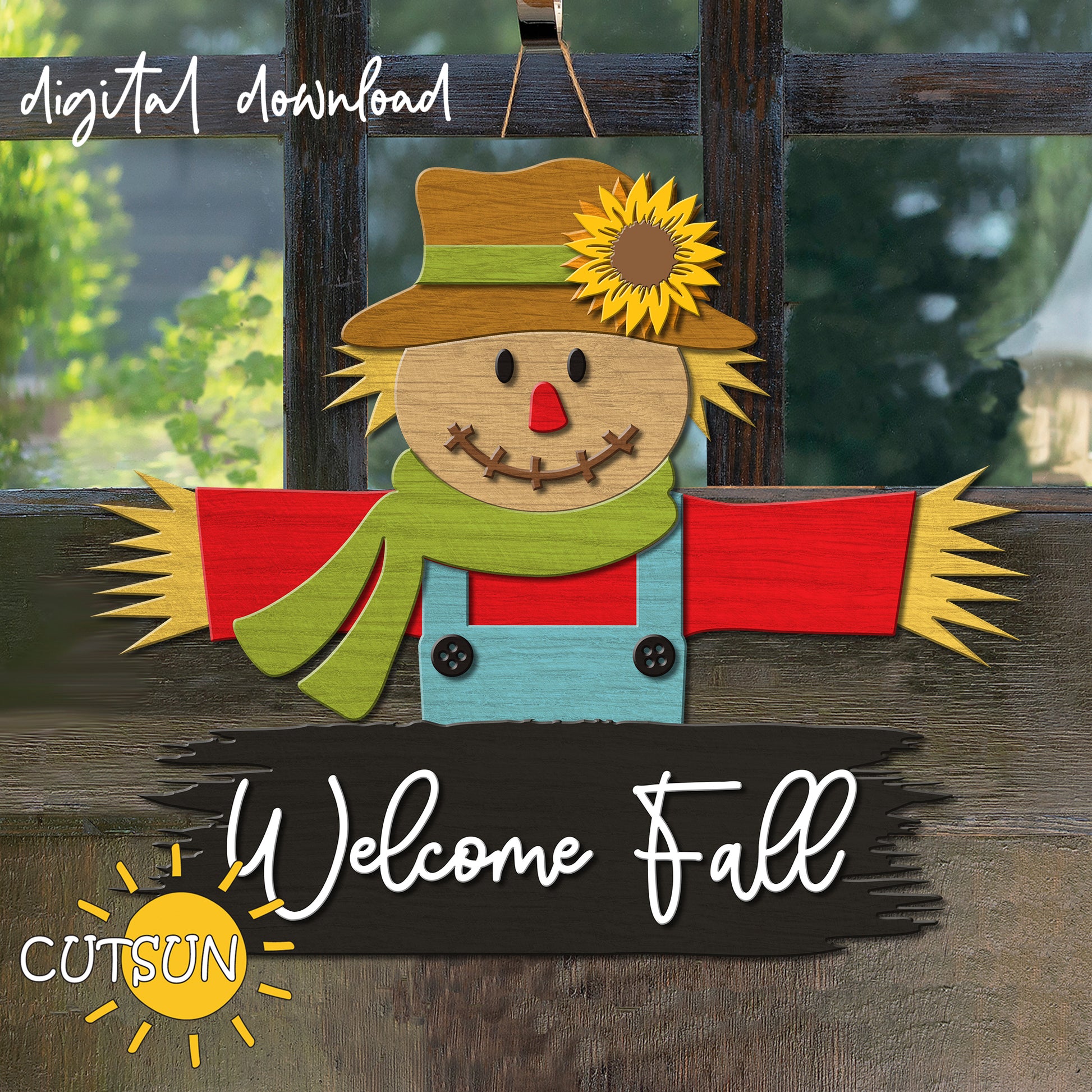 A digital downloadable scarecrow-shaped sign with a 'Welcome Fall' message, featuring a sunflower, hat, and glasses design, in a colorful autumnal theme.