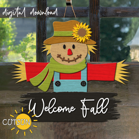 A digital downloadable scarecrow-shaped sign with a 'Welcome Fall' message, featuring a sunflower, hat, and glasses design, in a colorful autumnal theme.
