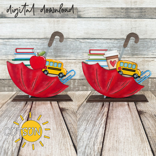 School-themed SVG add-on with umbrella shelf sitter – apple and latte versions with books, school bus, and paperclip – digital laser cut files