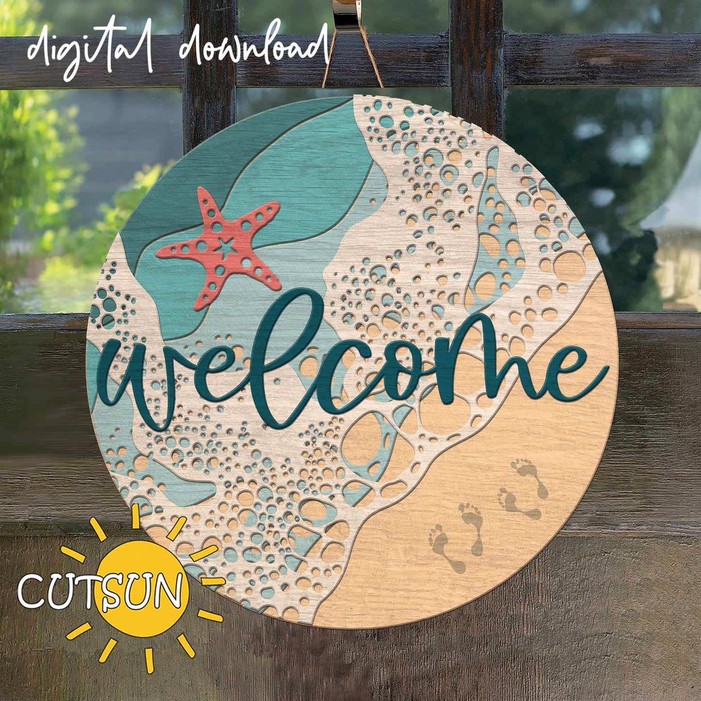 Layered beach welcome sign SVG with starfish, footprints and waves – laser cut file for Glowforge or xTool