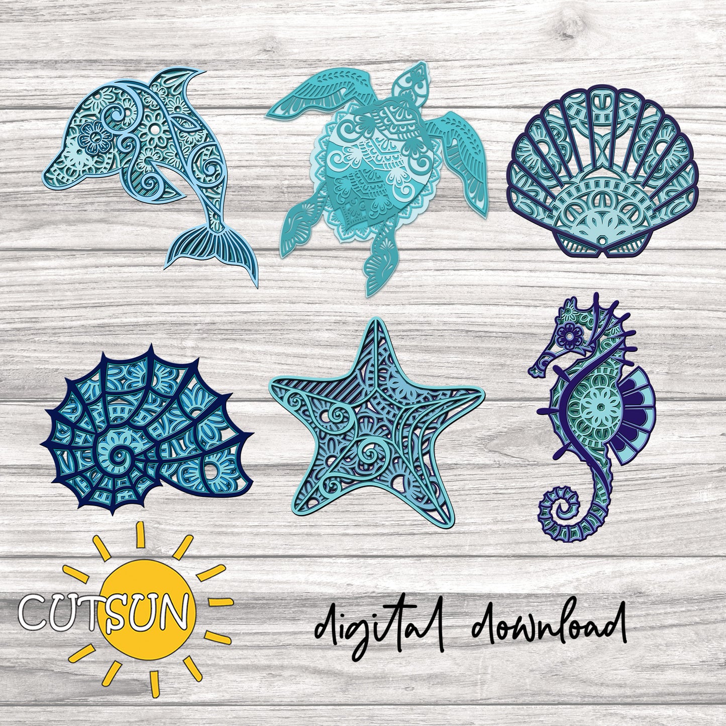 Layered sea animal SVG bundle with dolphin, turtle, seahorse, starfish, seashells – mandala-style ocean designs for laser cutting