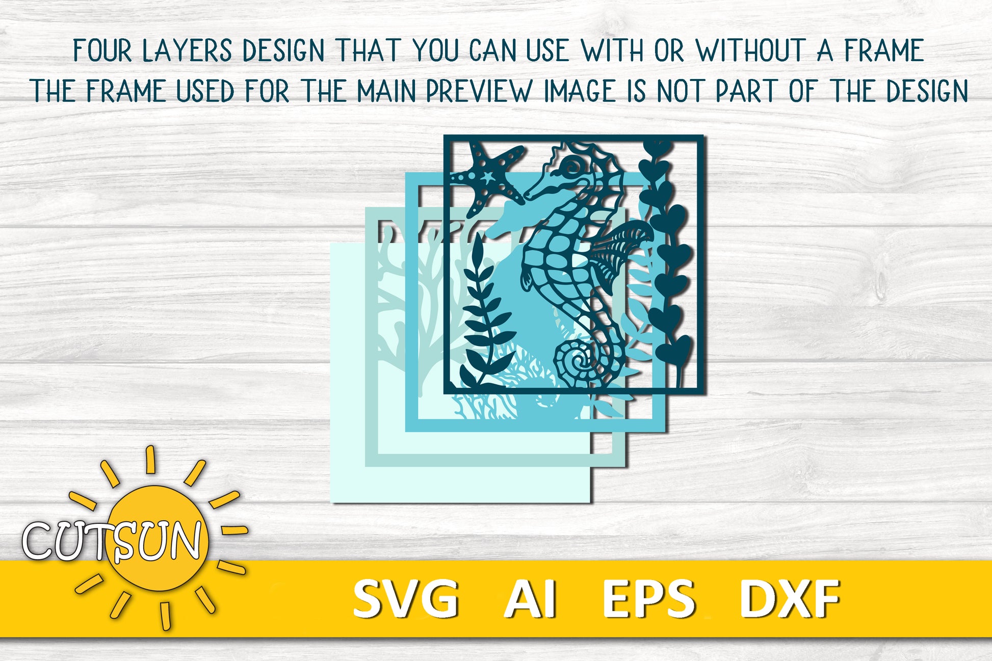 Layered seahorse shadow box SVG with coral, starfish, and ocean plants – laser cut file for Glowforge or xTool