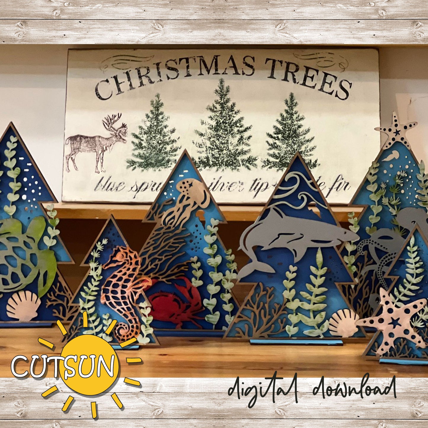 Small Patterned Standing Christmas trees Sea life SVG | Beach Decor SVG | Christmas decor | Laser cut file