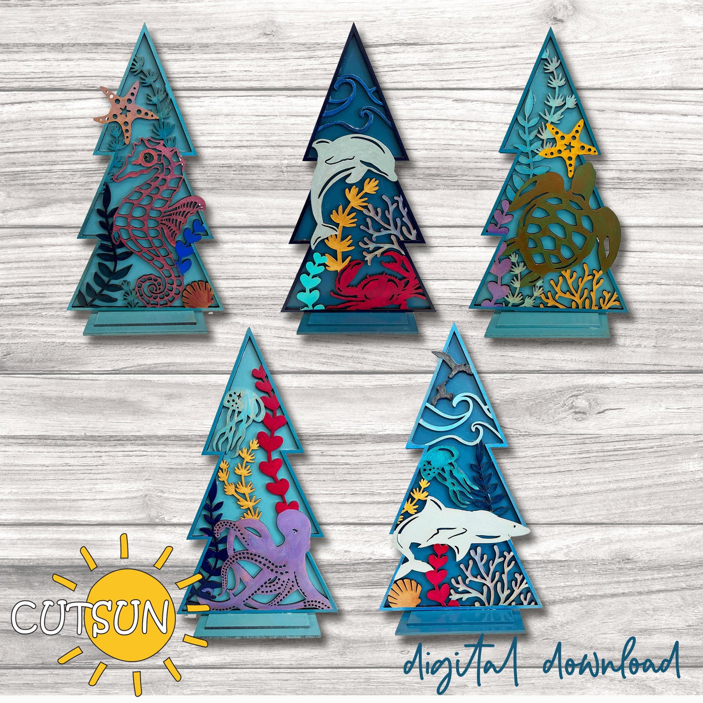Digital download for a standing decoration featuring Christmas trees with sea creatures and corals.