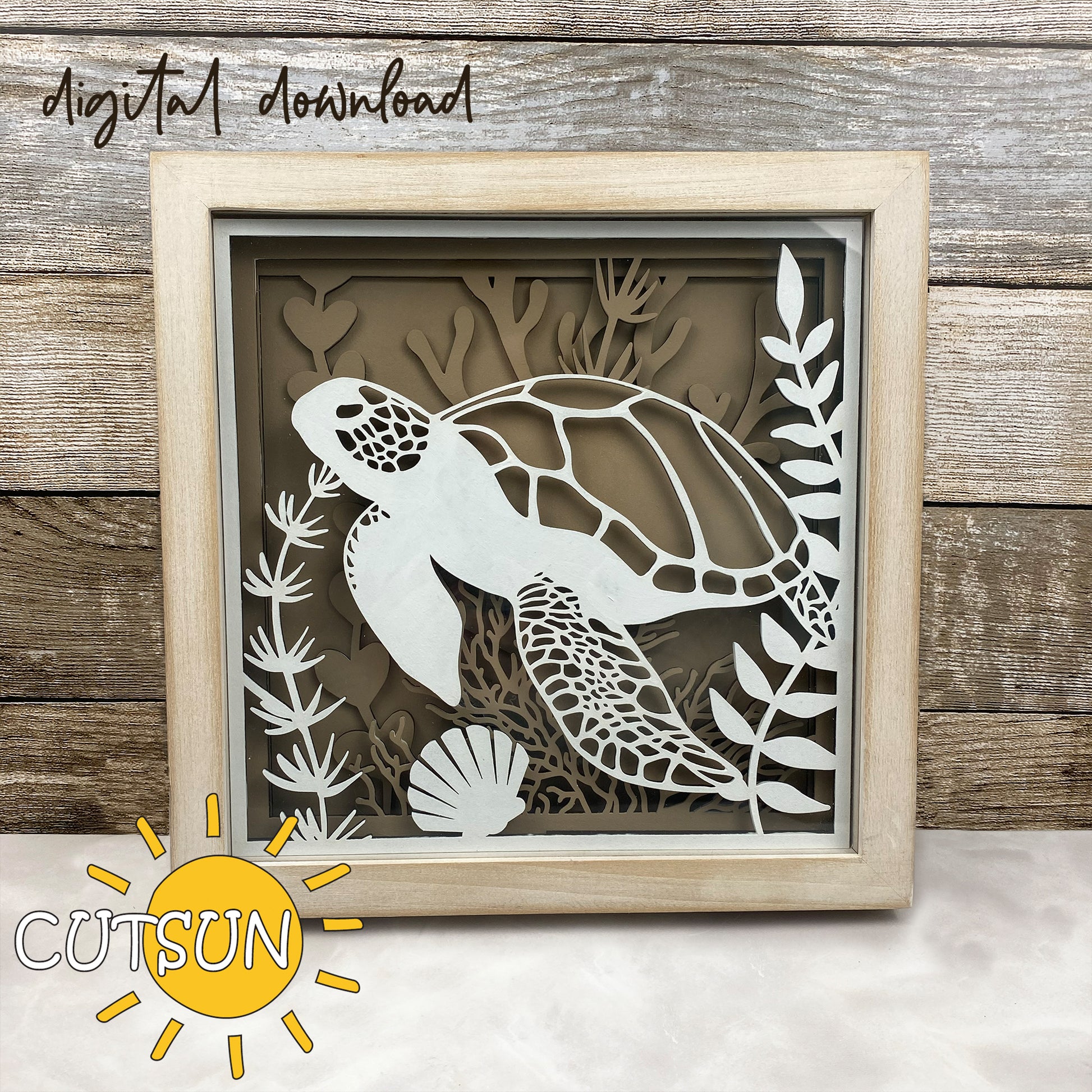 Layered sea turtle shadow box SVG design with coral and ocean plants – laser cut file for Glowforge or xTool