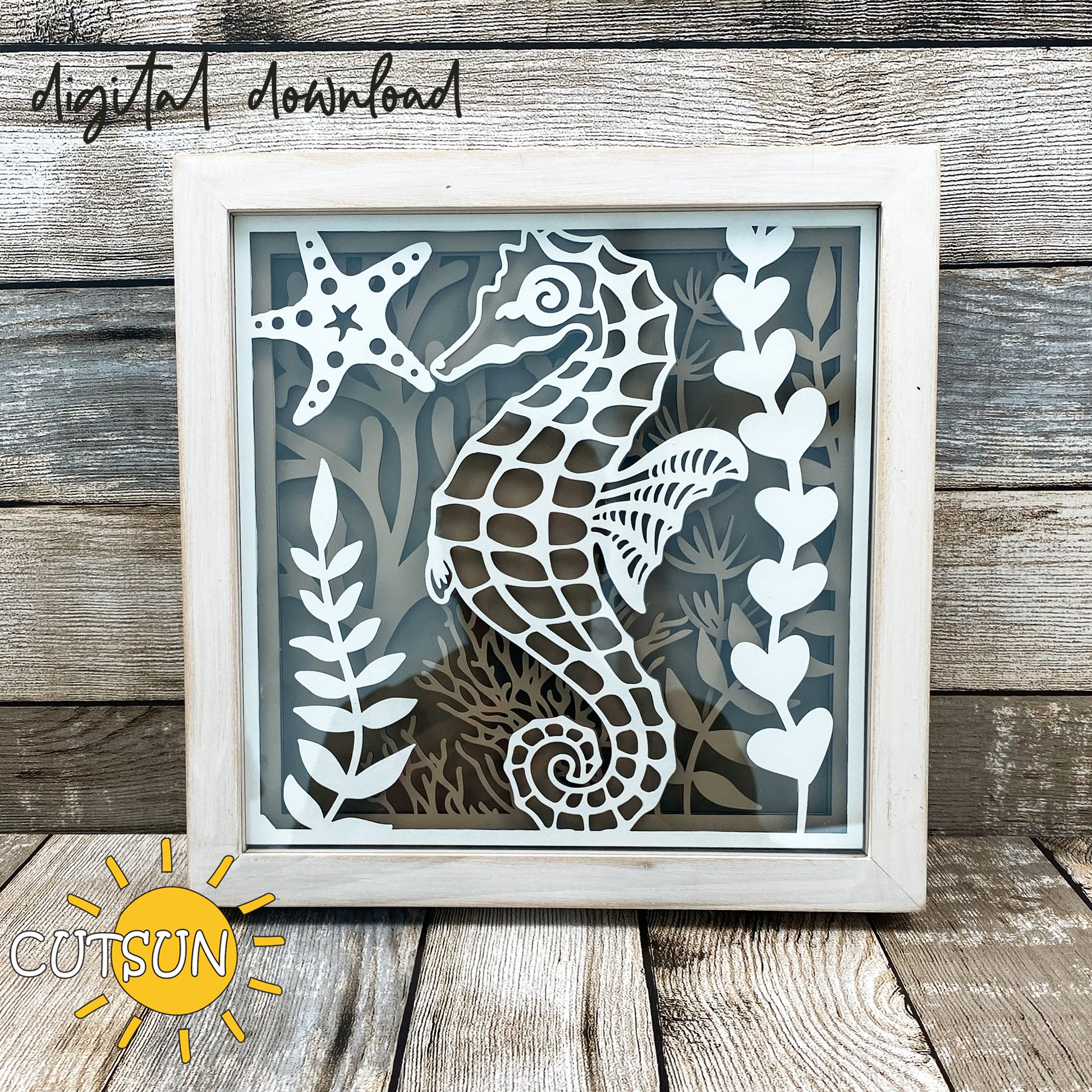 Layered seahorse shadow box SVG with coral, starfish, and ocean plants – laser cut file for Glowforge or xTool