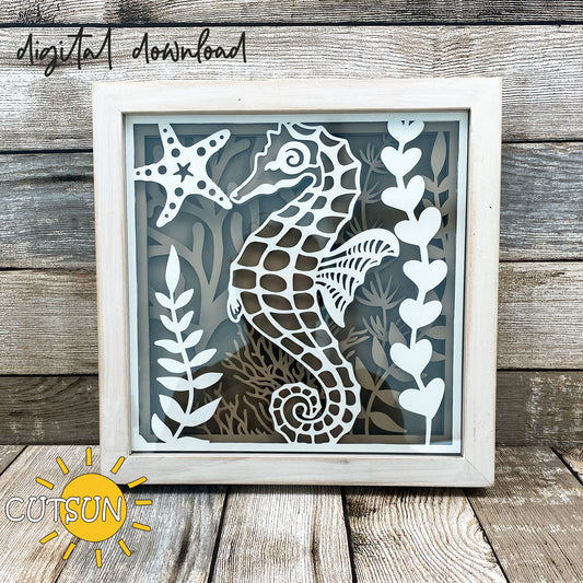 Layered seahorse shadow box SVG with coral, starfish, and ocean plants – laser cut file for Glowforge or xTool