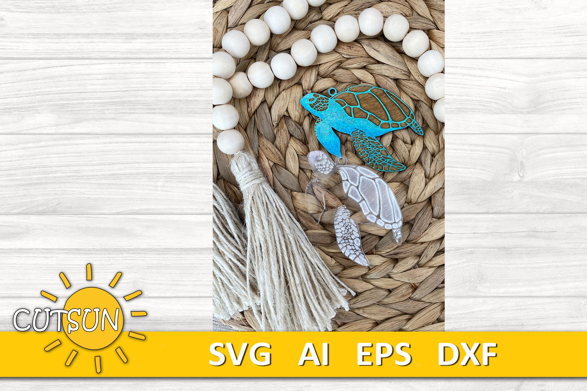 Laser-cut sea turtle keychains in blue wood and engraved clear acrylic, displayed on a woven background with wooden beads and a tassel.