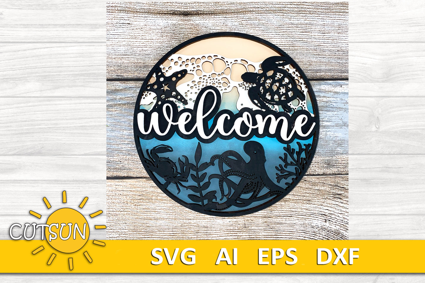 Layered ocean welcome sign SVG with turtle, octopus and coral – laser cut file for Glowforge or xTool