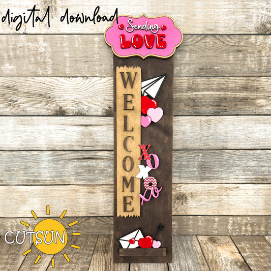 Valentine’s Day interchangeable vertical porch sign SVG with paper plane, XOXO, and love letter – digital download for laser cutting