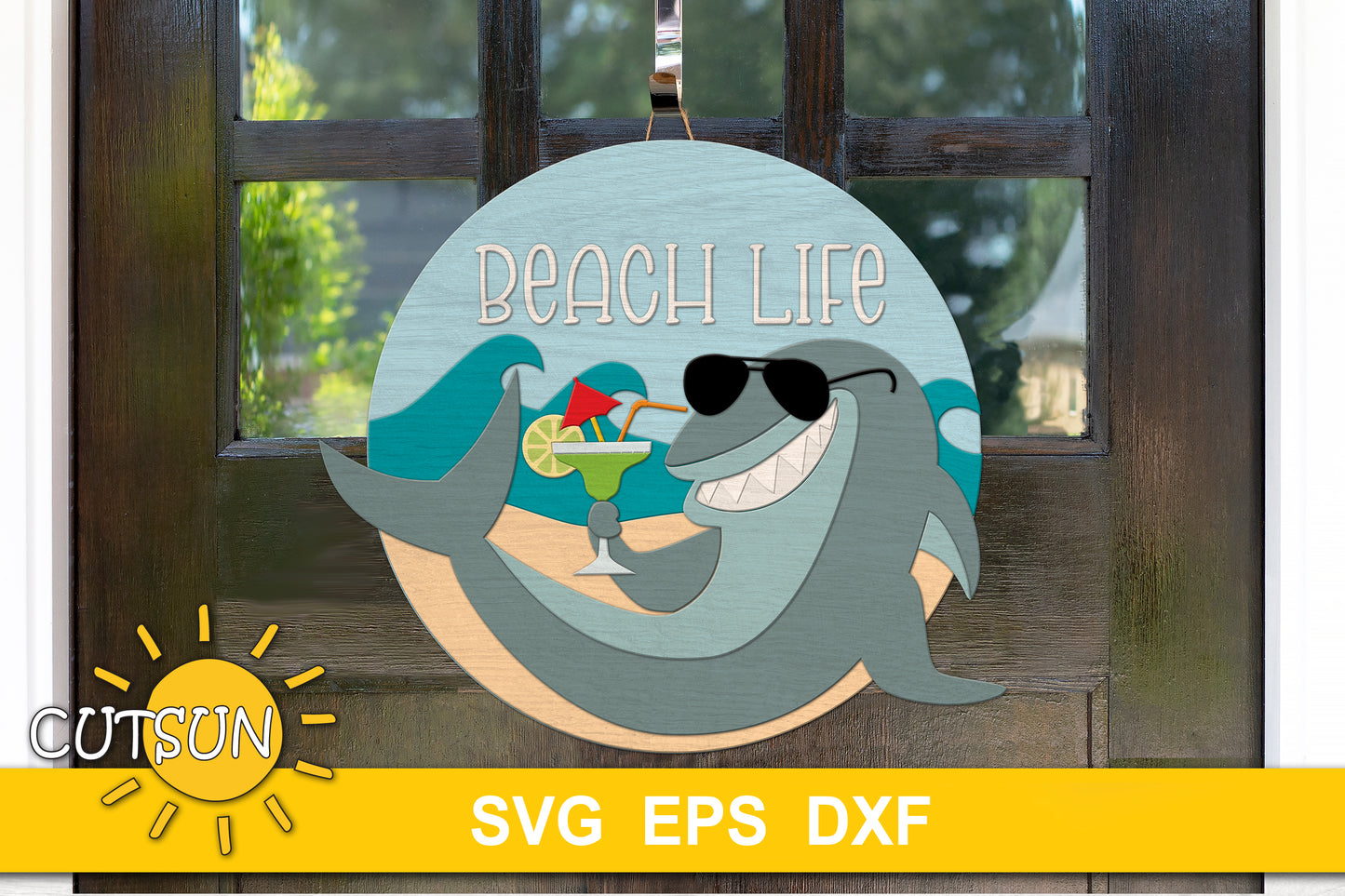 SVG digital download for a round door hanger featuring a relaxed shark drinking margarita on the beach
