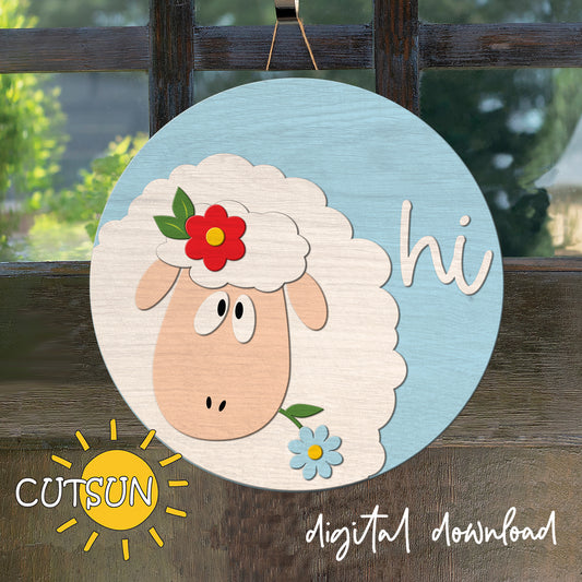Decorative sign with a sheep face and flowers on a wooden background, featuring the brand 'CUTSUN'.