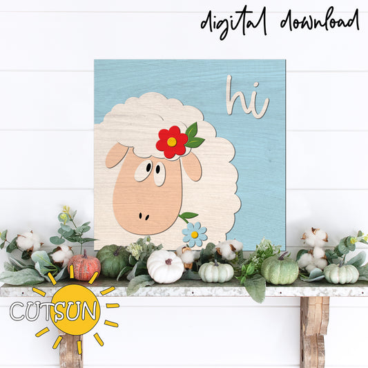 Sheep-themed digital download with 'hi' text on a blue background, displayed on a table with decorative items.