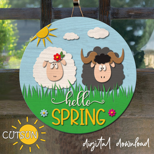 Decorative sign with sheep and 'hello SPRING' text on a wooden background, featuring the brand 'CUTSUN'.