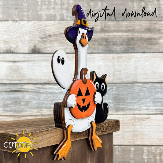 Halloween Goose Shelf Sitter SVG with Witch Hat and Pumpkin | Layered Halloween Shelf Decor Laser Cut File | Digital Download