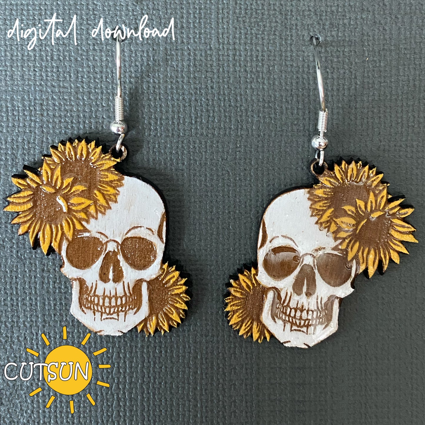 Skull Earrings SVG | Halloween Earrings with Sunflowers | Laser Cut File for Spooky Fall Jewelry