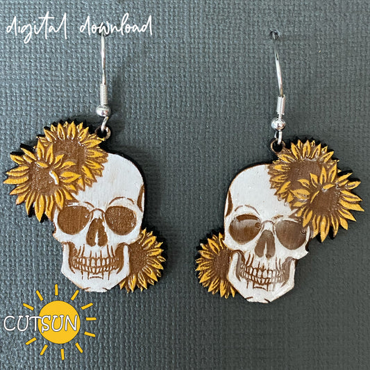 Skull Earrings SVG | Halloween Earrings with Sunflowers | Laser Cut File for Spooky Fall Jewelry