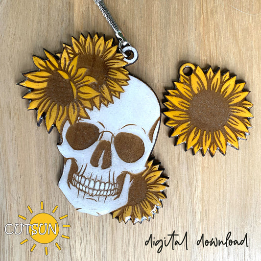 A digital download of a skull with sunflower charm, featuring a skull design with yellow and brown sunflower patterns.