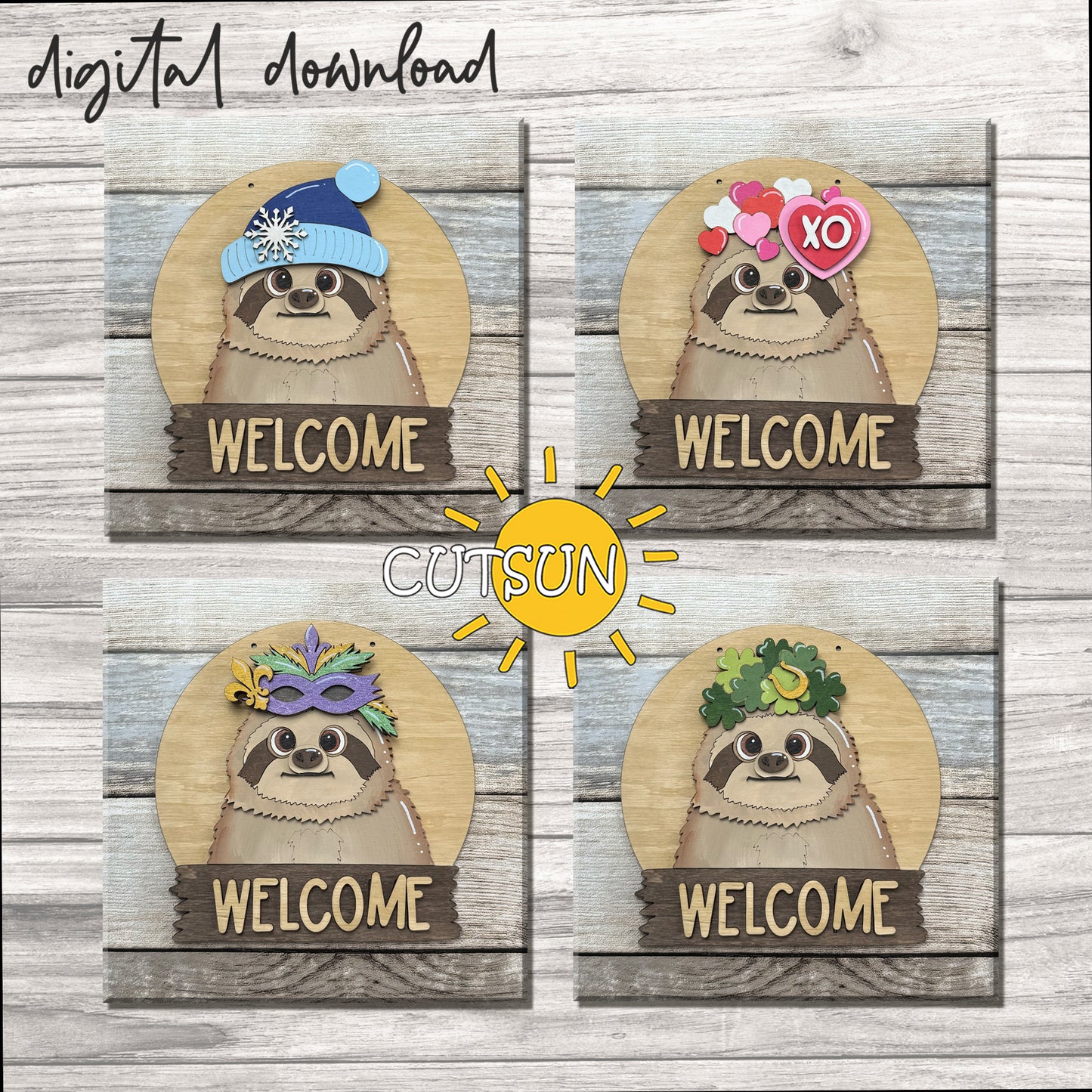 Sloth Door Hanger SVG – Round Interchangeable Welcome Sign Laser Cut File