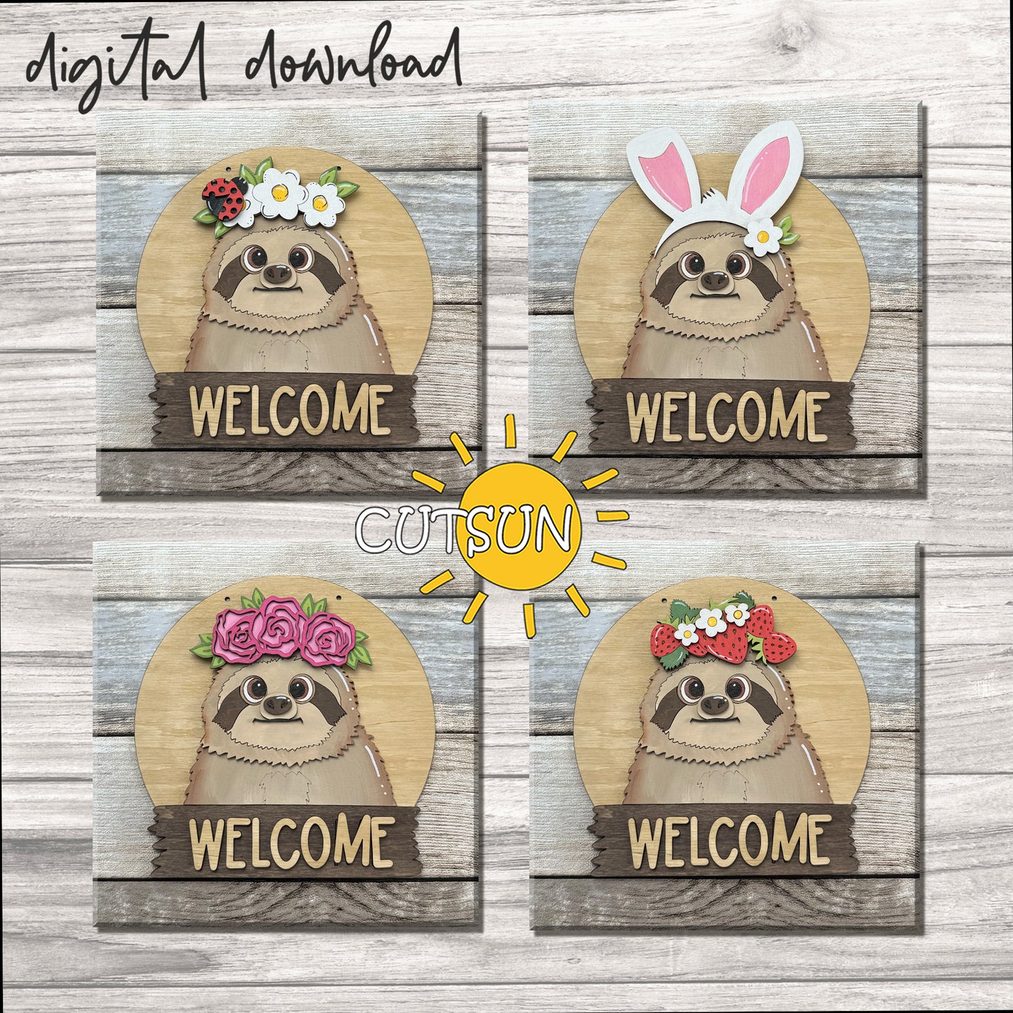 Sloth Door Hanger SVG – Round Interchangeable Welcome Sign Laser Cut File