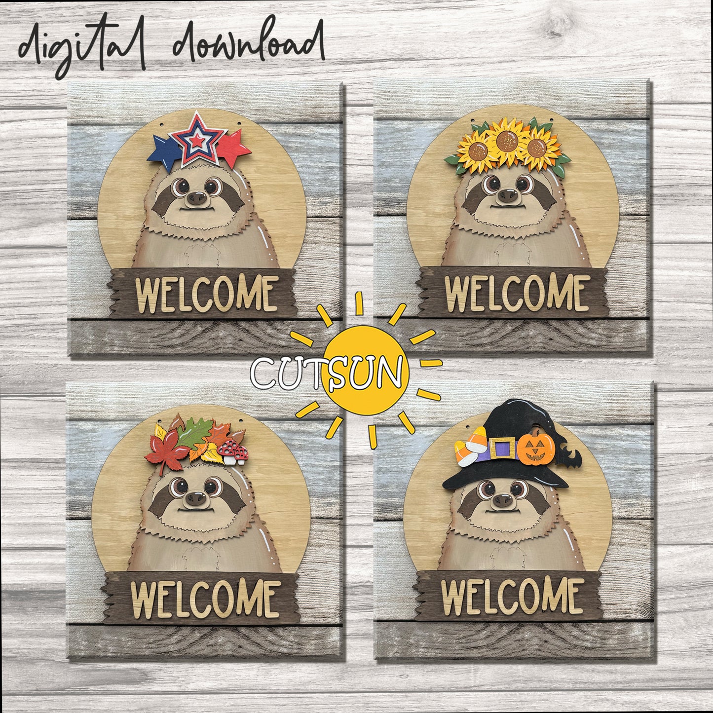 Sloth Door Hanger SVG – Round Interchangeable Welcome Sign Laser Cut File