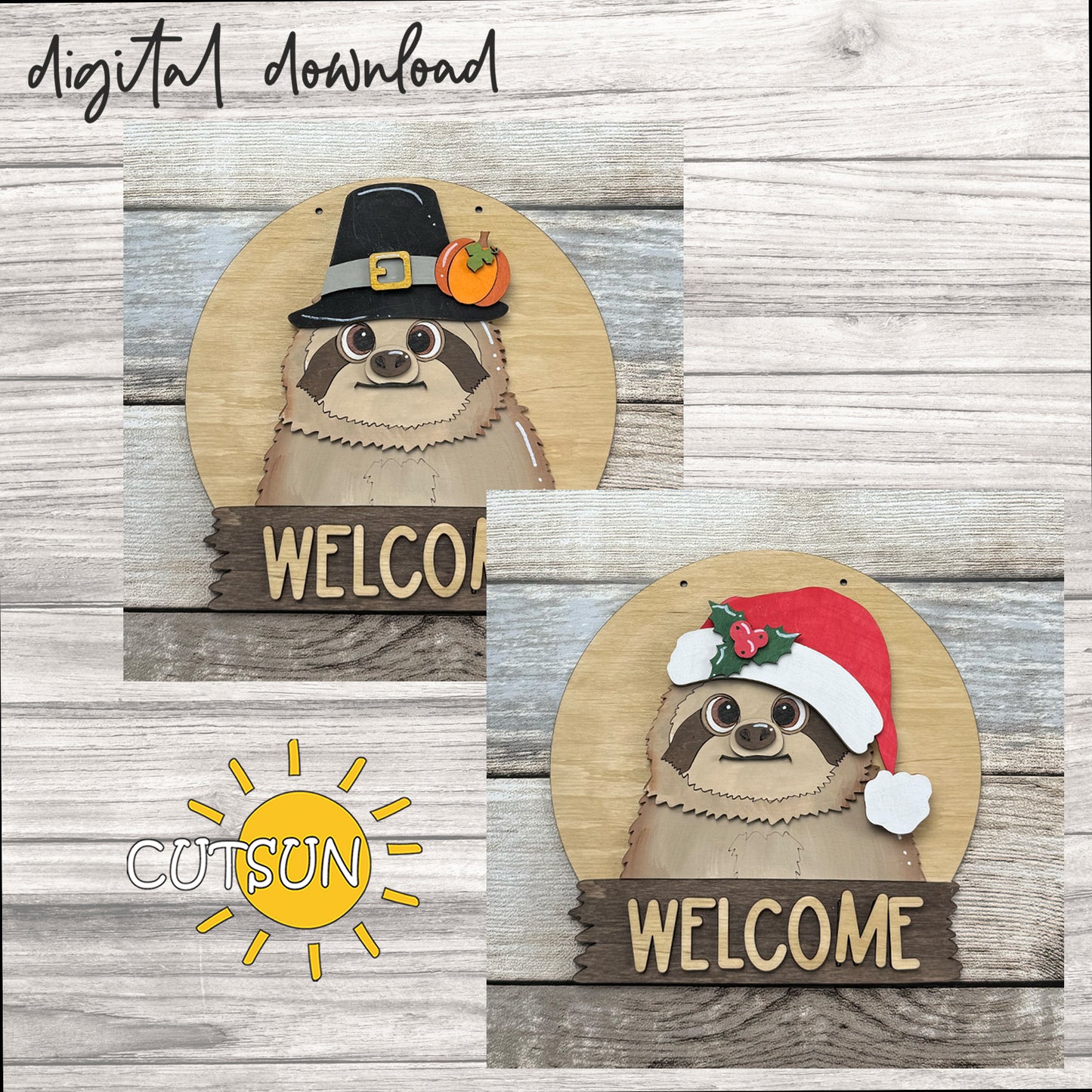 Sloth Door Hanger SVG – Round Interchangeable Welcome Sign Laser Cut File