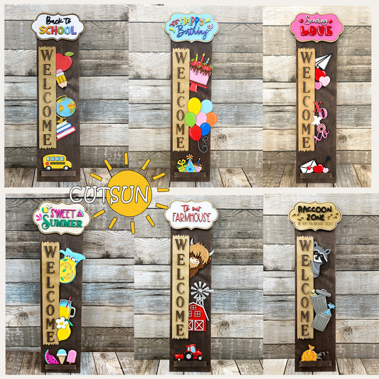 A collection of interchangeable porch leaner signs with various thematic designs including 'Back to School', 'Happy Birthday', and 'Welcome'.