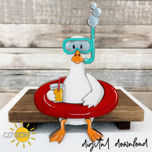 Goose Shelf Sitter SVG with Interchangeable Hats | Sitting Goose Laser Cut File | Summer Beach Decor, Layered Wood Goose
