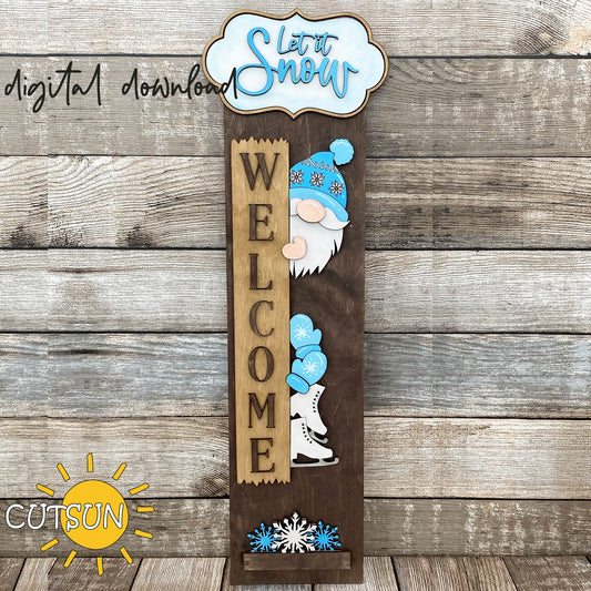Laser cut Let It Snow gnome SVG file for vertical interchangeable porch sign with snowflakes, mittens, and skates