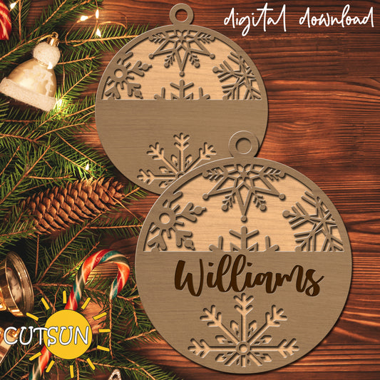Digital download for a Christmas ornament featuring snowflakes and space for personalisation.