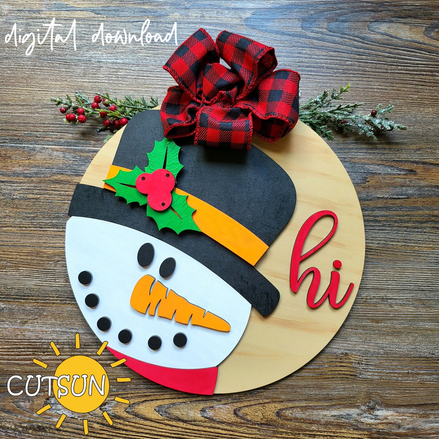Snowman Hi door hanger SVG for laser cutting, layered Christmas design with top hat, holly, and “hi” text.
