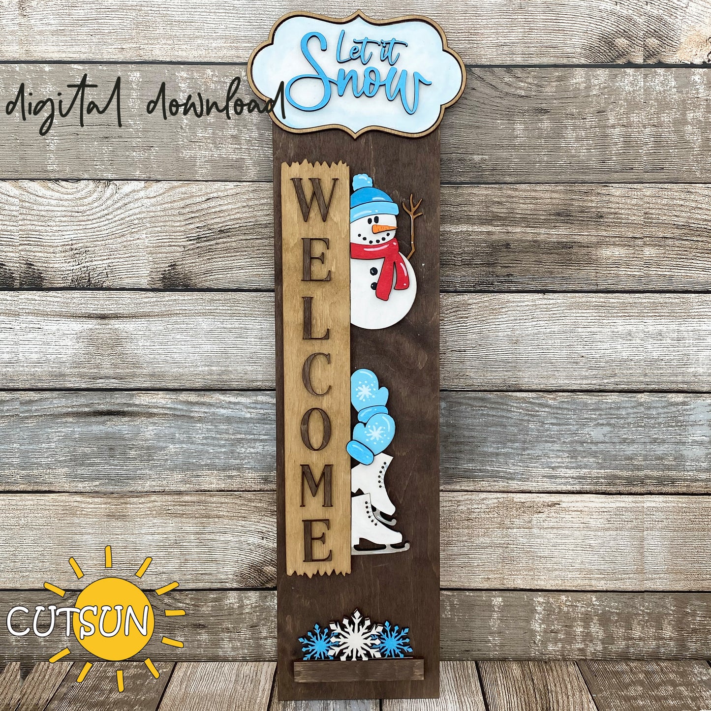 Let It Snow snowman vertical porch sign SVG with mittens, skates, and snowflakes – winter laser cut file for interchangeable leaner signs