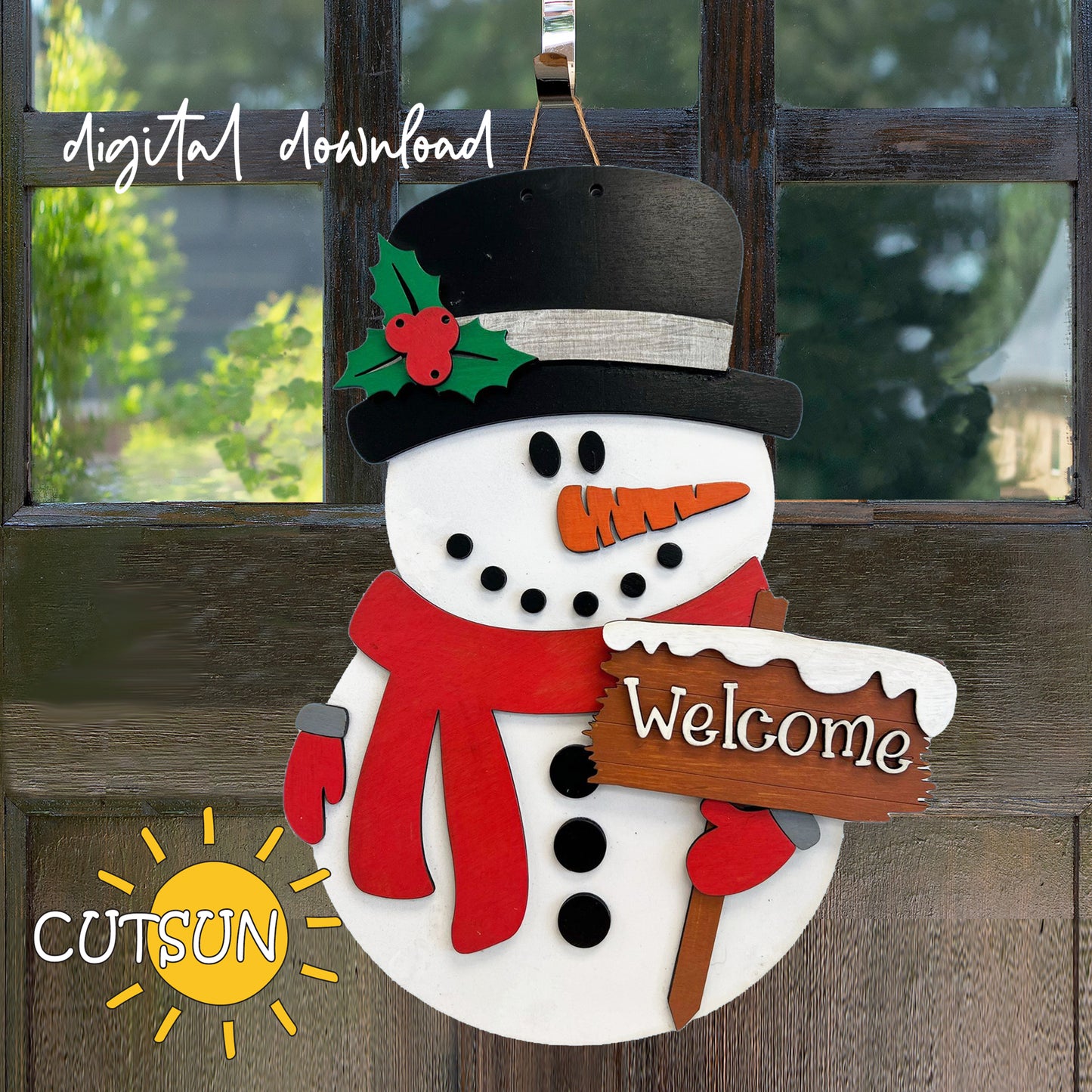 A digital download image showing a snowman holding a 'WELCOME' sign, with a 'DIGITAL DOWNLOAD' label, a 'CUTSUN' logo, and a sun and shade graphic indicating the direction of the light.