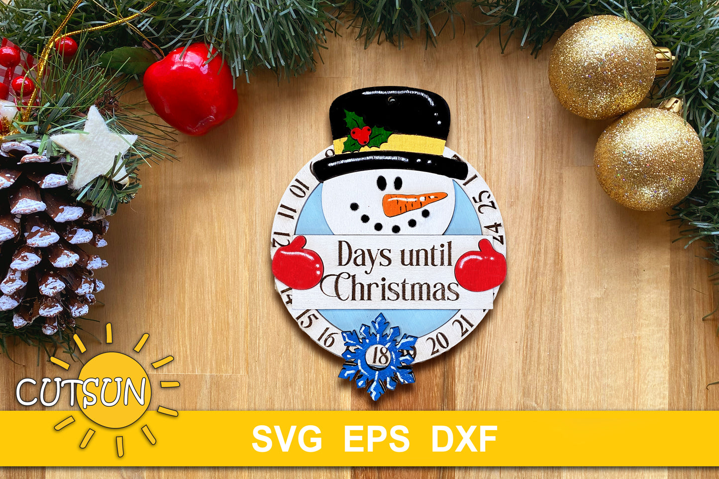 Snowman Christmas countdown ornament SVG digital download for use with laser cutters