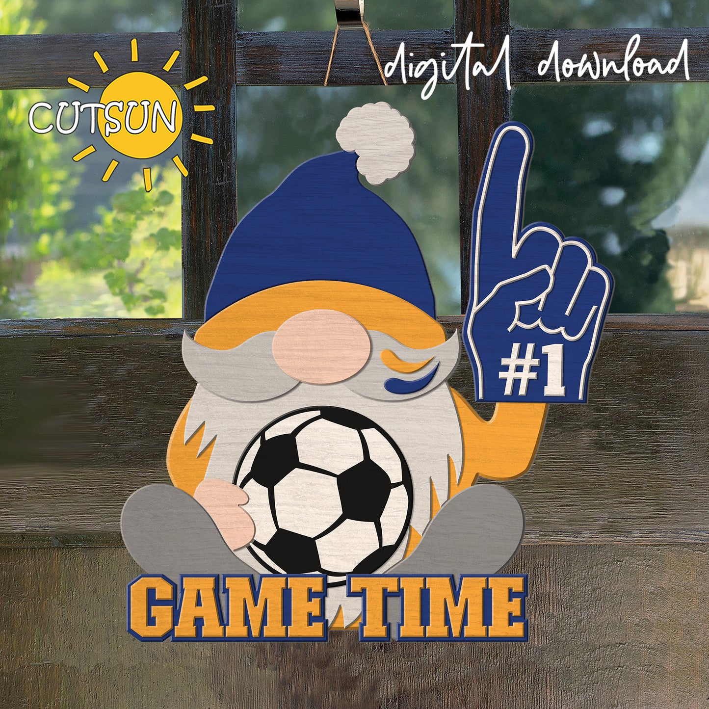 Gnome with blue hat, gray beard, and number one foam finger holding a soccer ball with 'Game Time' text on a wooden background.