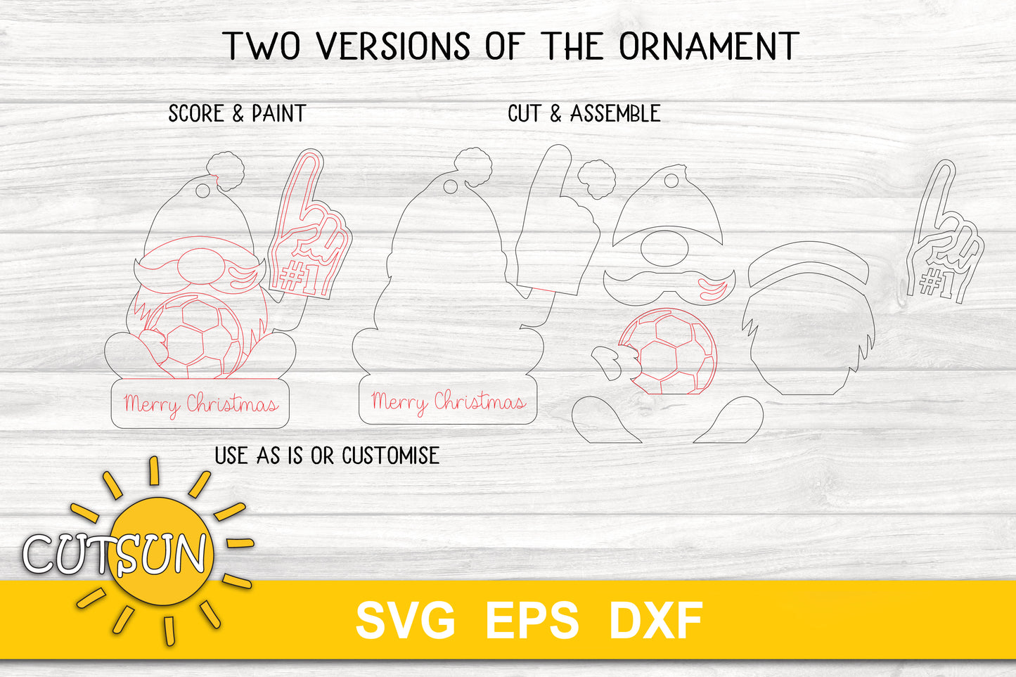 SVG digital download for use with laser cutters featuring a Soccer gnome Christmas ornament