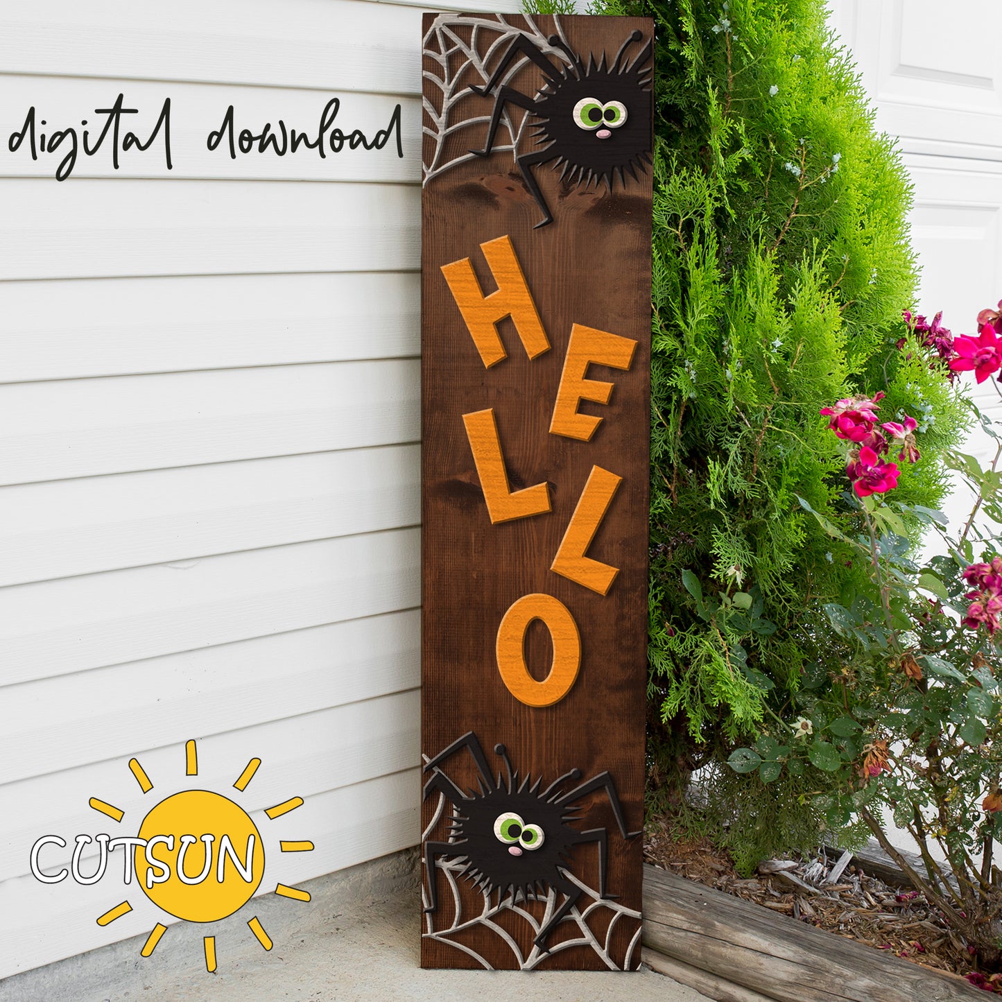 Digital download for a vertical porch leaner featuring spiders, spider webs and the text Hello