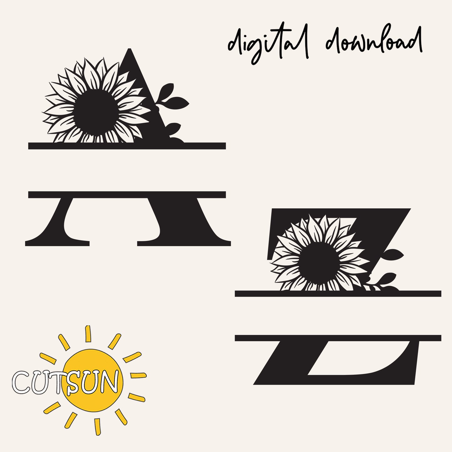 Monogram designs with sunflowers and letters 'A', 'Z', and 'D' on a white background, featuring the brand 'Cutsun'.