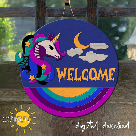 A digital door hanger featuring a skeleton of a unicorn with a moon and stars background, and the word 'Welcome' written across the bottom.