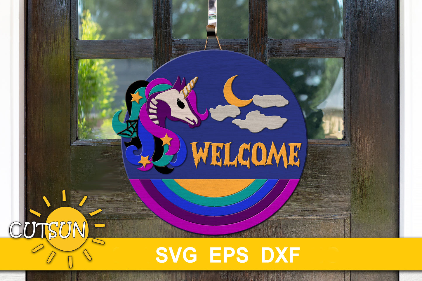 SVG digital download featuring a dark coloured rainbow and a spooky unicorn with the word Welcome