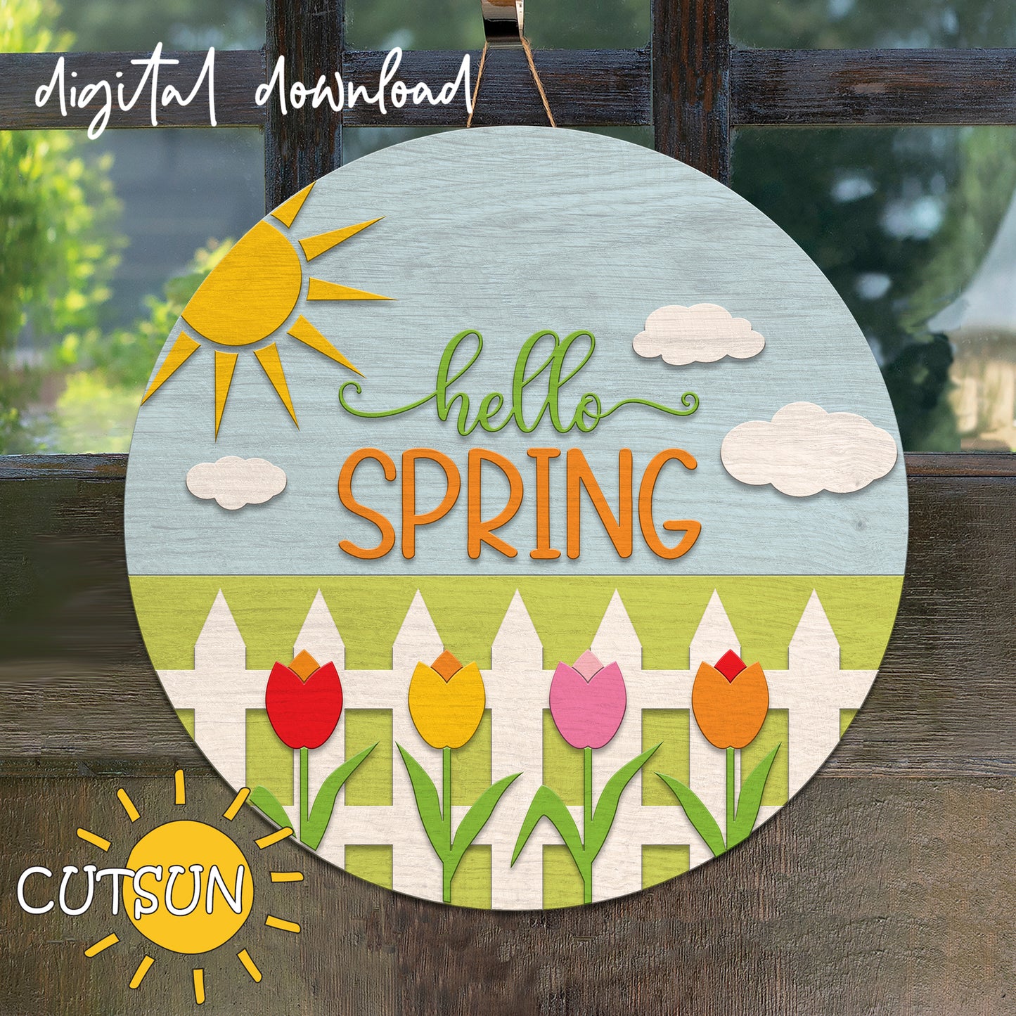 Decorative sign with 'hello SPRING' text, sun, clouds, and tulips on a wooden background.