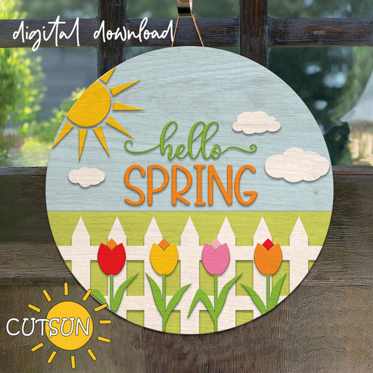Decorative sign with 'hello SPRING' text, sun, clouds, and tulips on a wooden background.