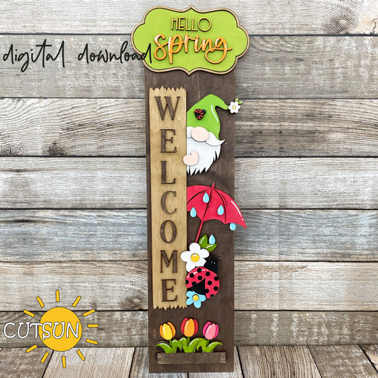 Hello Spring porch sign SVG with gnome, flowers, ladybug, umbrella and seasonal plaque – laser cut file with interchangeable vertical leaner base.