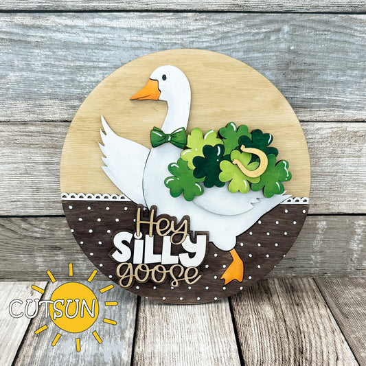 St. Patrick’s Day goose door hanger add-on with shamrocks, horseshoe, and green bow tie – laser cut layered SVG file