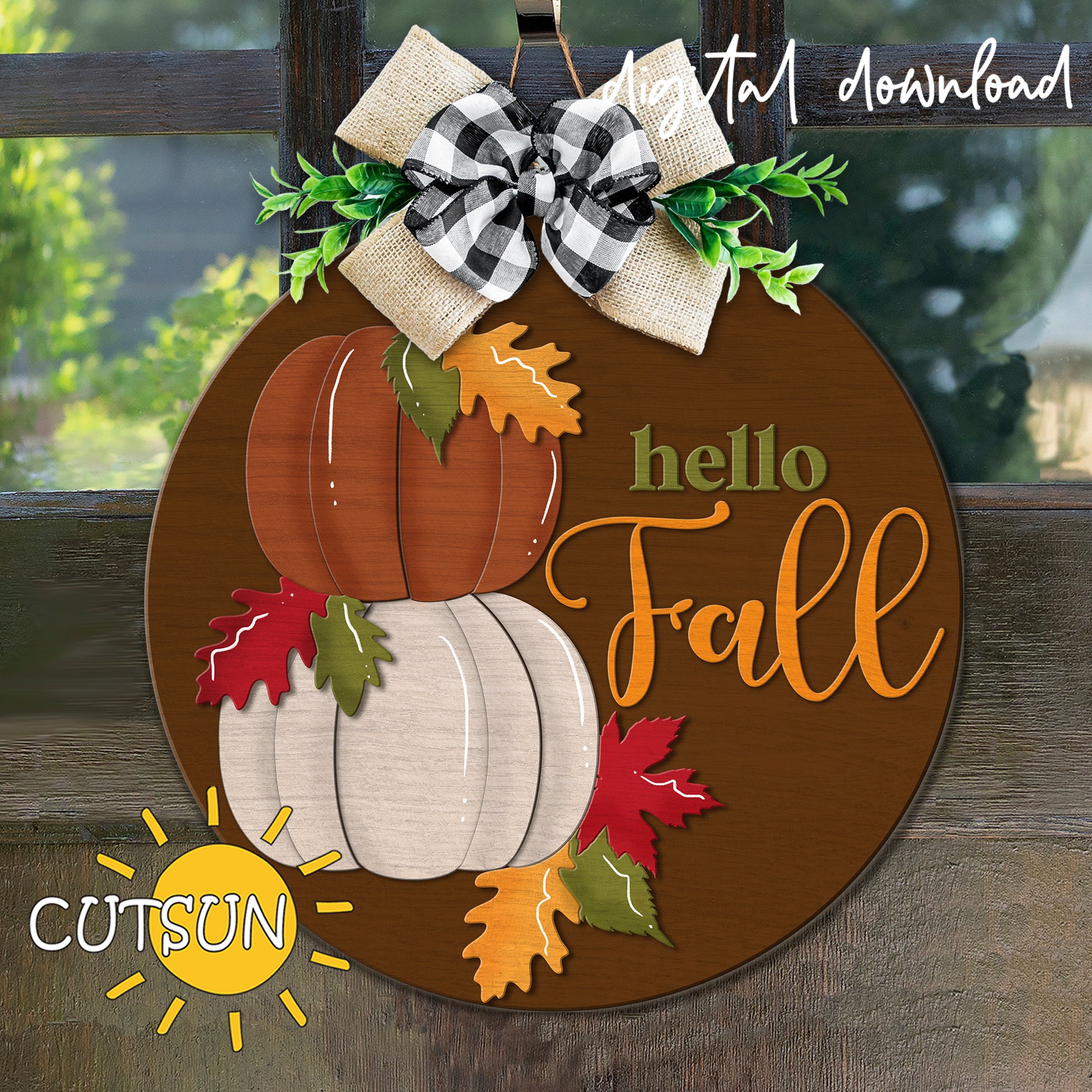Hello Fall round sign SVG with stacked pumpkins and autumn leaves – layered laser cut file for fall door hanger or wall décor.