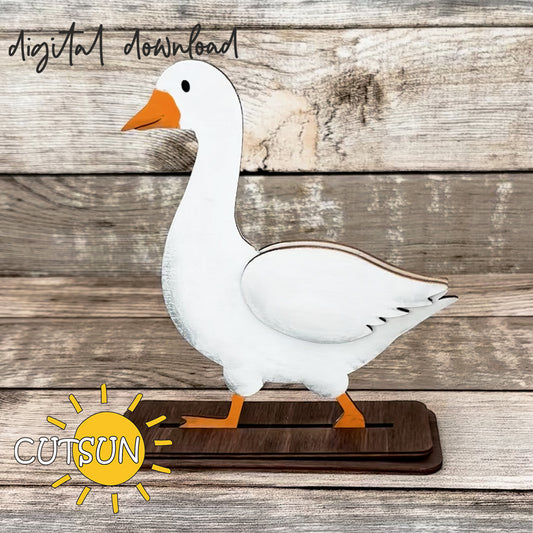 Laser-cut goose shelf sitter standing on slotted wooden base – compatible with seasonal interchangeable add-ons