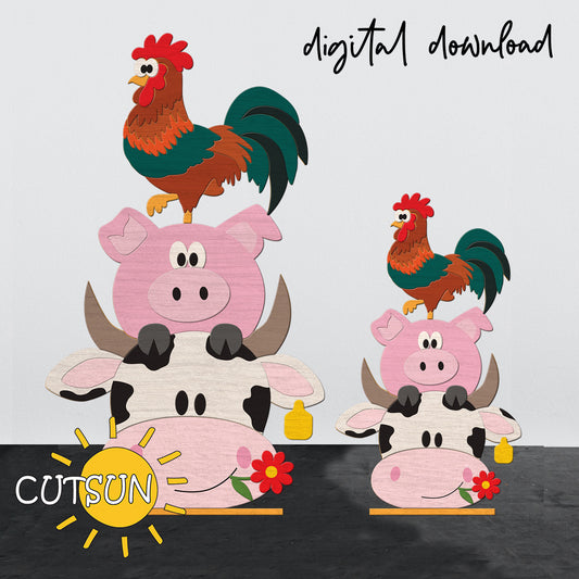 Cartoon farm animals stacked - a digital download for laser cutting of standing decoration