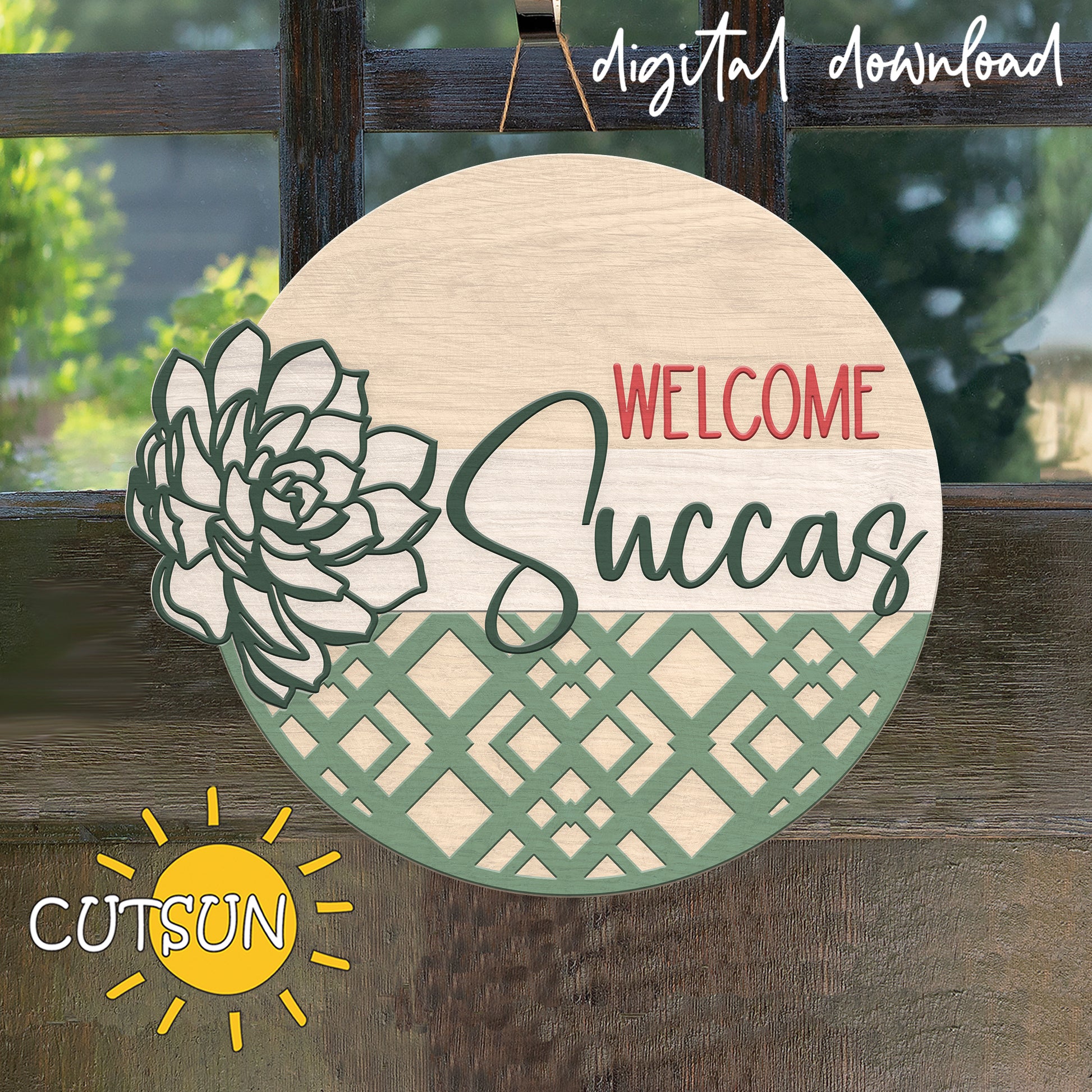 Decorative round sign with succulent design and 'Welcome Succas' text on a wooden background, featuring the CutSun brand.