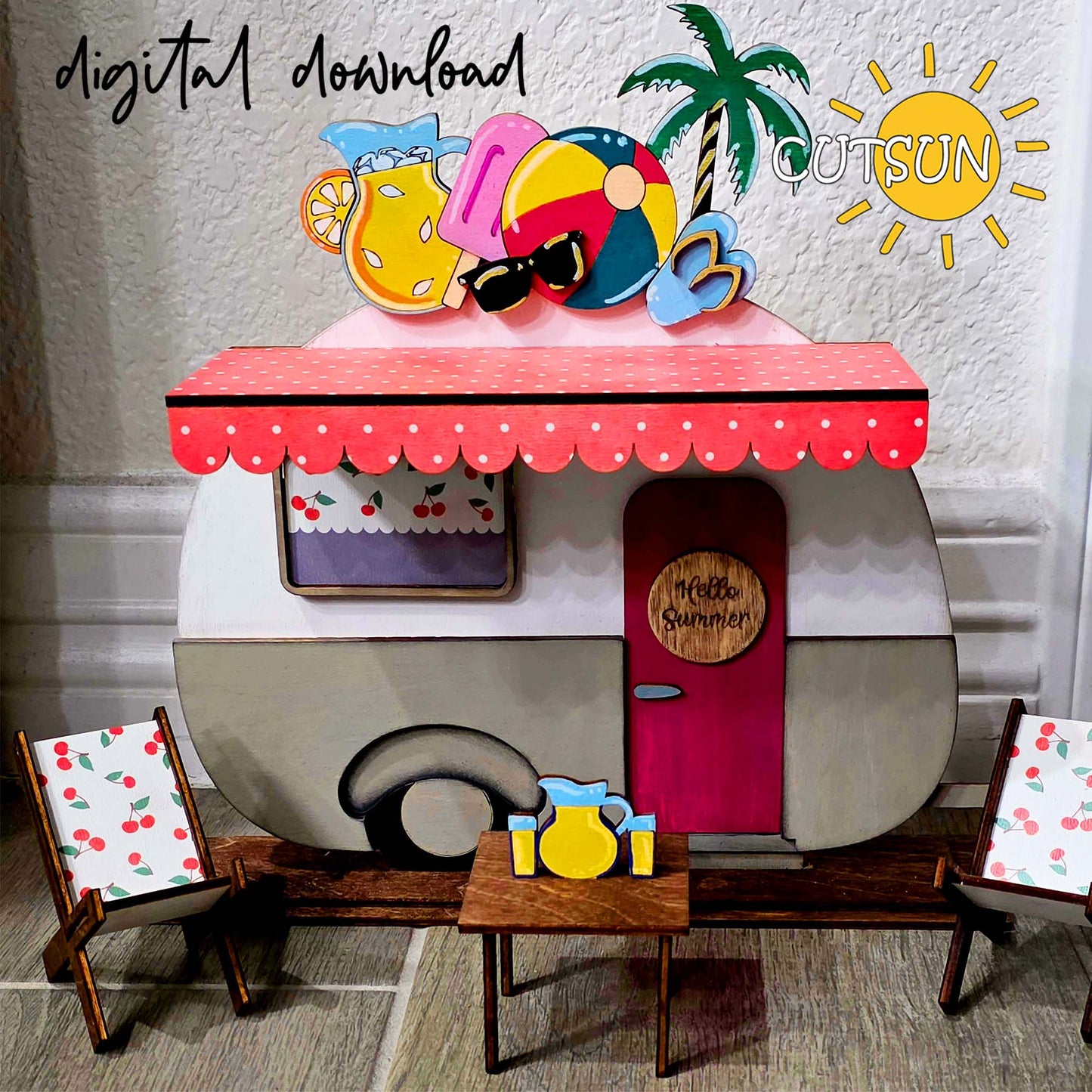 Hello Summer SVG Add-on for Interchangeable camper SVG | Summer shelf decor laser cut file